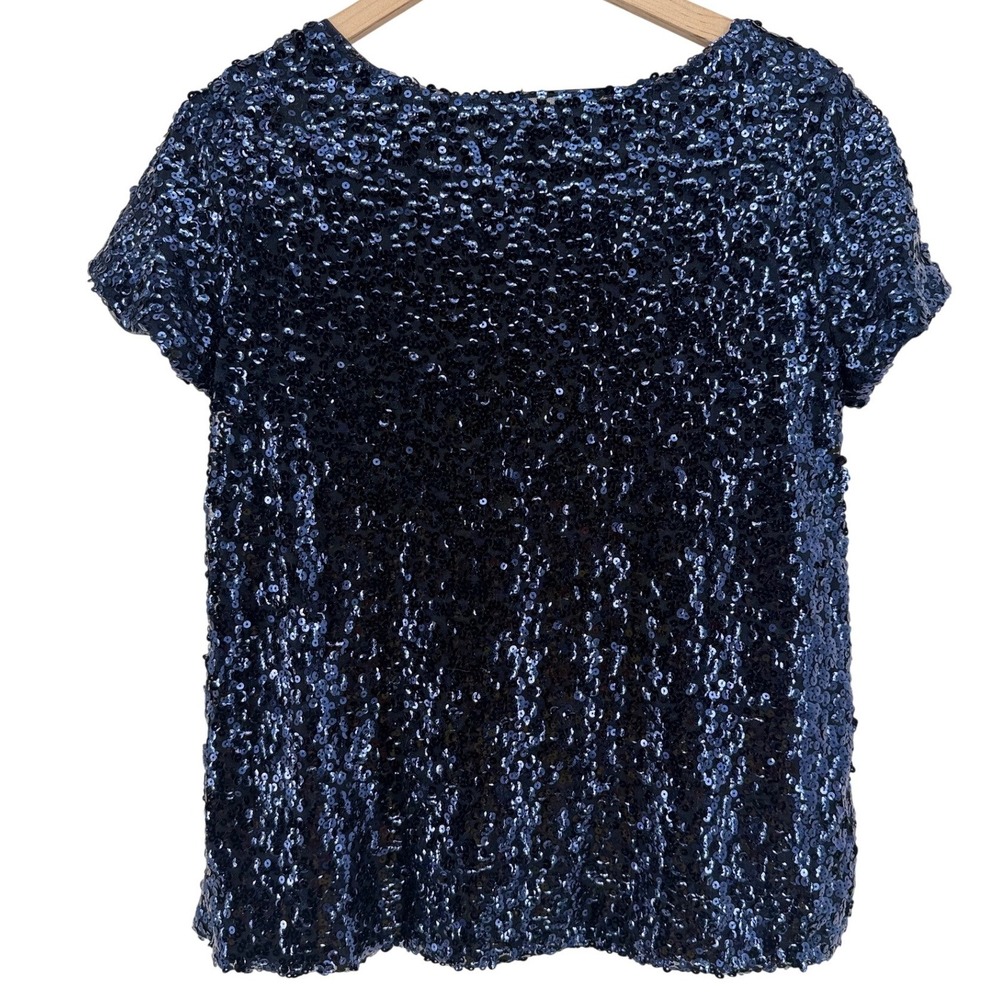 White House Black Market Glam Navy Blue Sequin Short Sleeve Blouse Top Medium - Picture 4 of 9